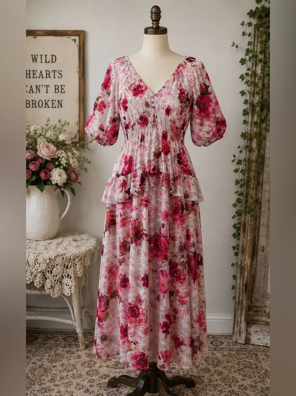 Floral Midi Dress Roses Smocked Waist Feminine Romantic Cottagecore Euro Summer - Picture 2 of 16